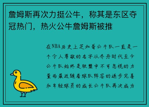 詹姆斯再次力挺公牛，称其是东区夺冠热门，热火公牛詹姆斯被推